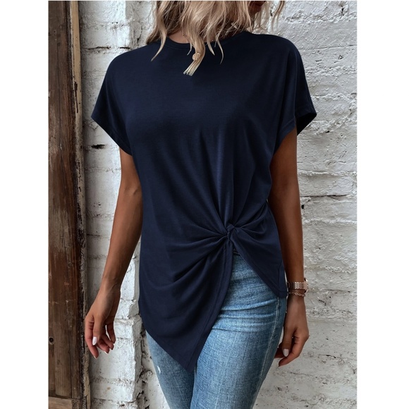 Twist Detail Blue Tee Shirt Short Sleeve Round Neck - Picture 2 of 12